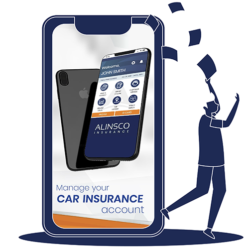 Big cell phone with the Alinsco Mobile screen and a man throwing papers